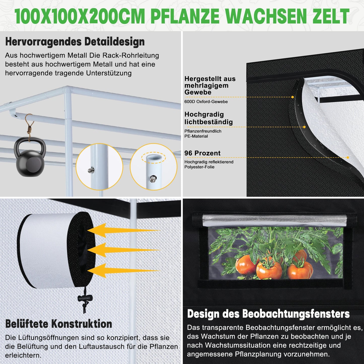 Grow Tent Complete Set Highly Reflective Mylar Canvas Centrifugal Fans Activated Carbon Air Filter with LED Grow Lamps