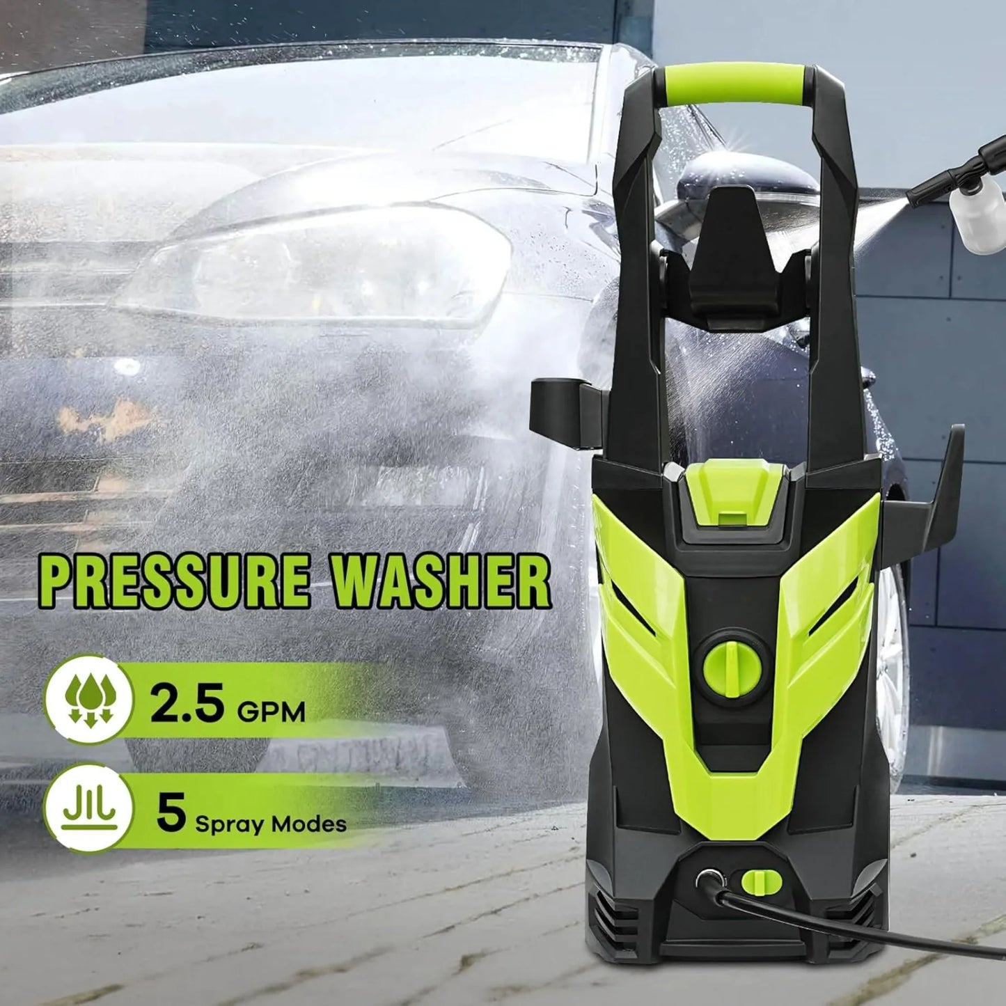 Electric Pressure Washer, 2.5 GPM Power Washer with 4 Quick Connect Nozzles, High Pressure Cleaning Machine with Foam Cannon