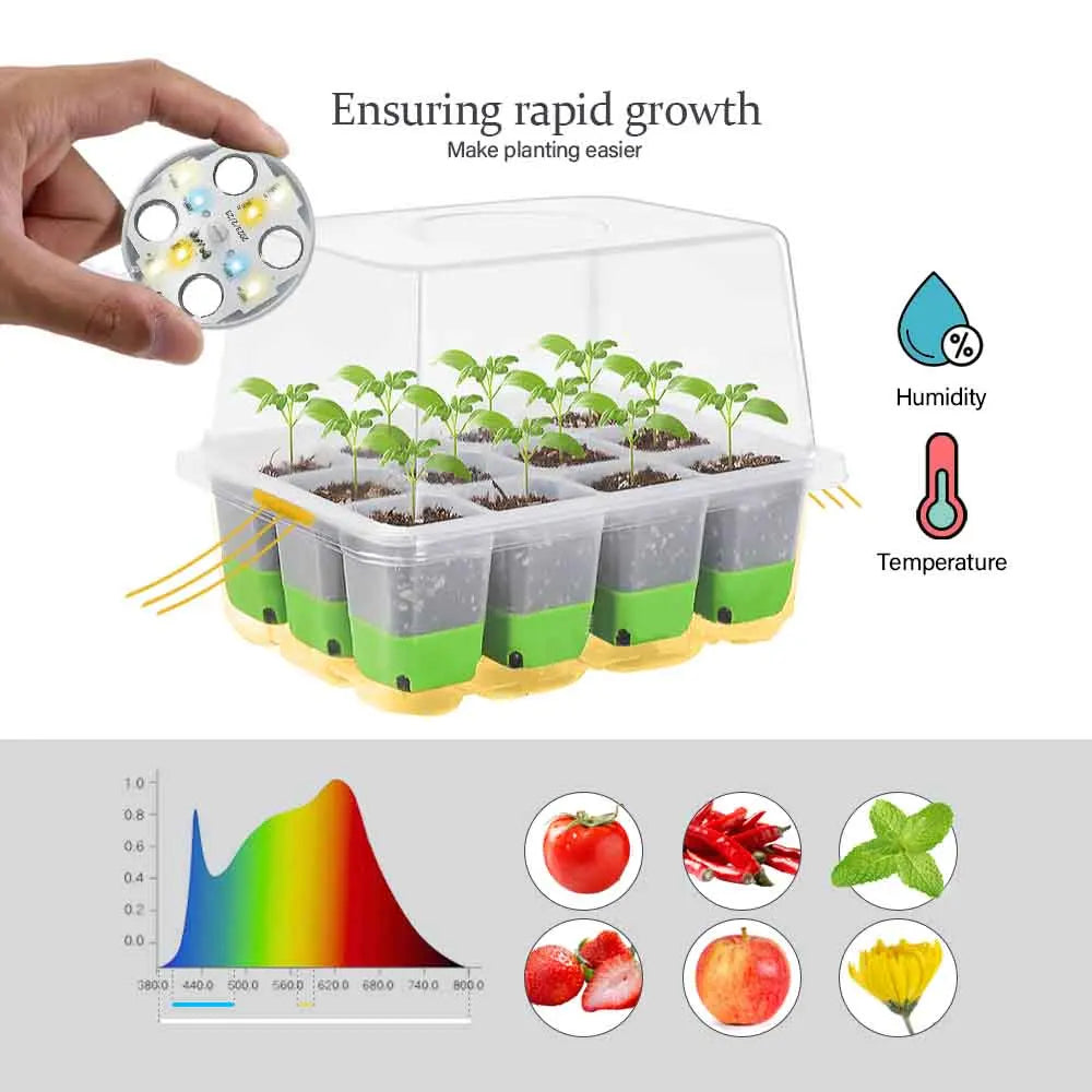 LED Grow Light Seedling Starter Tray Kit with Transparent Cover Indoor Garden Greenhouse Flower Plants Nursery Germination Box