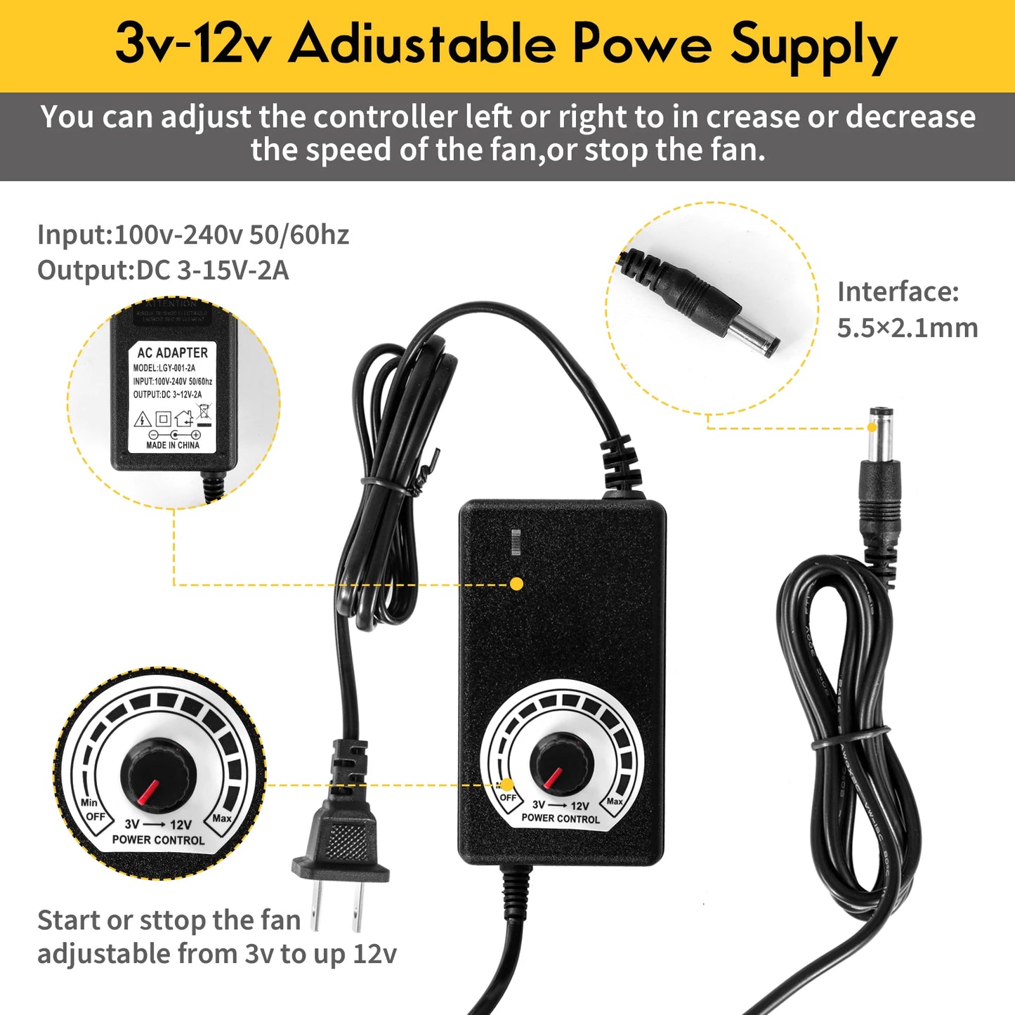 250mm 25cm DC Cooling Fan 12V 250X30mm with AC 110V 115V 220V 230V Power Cord Speed Controller Grow Tent Plant Adjustable