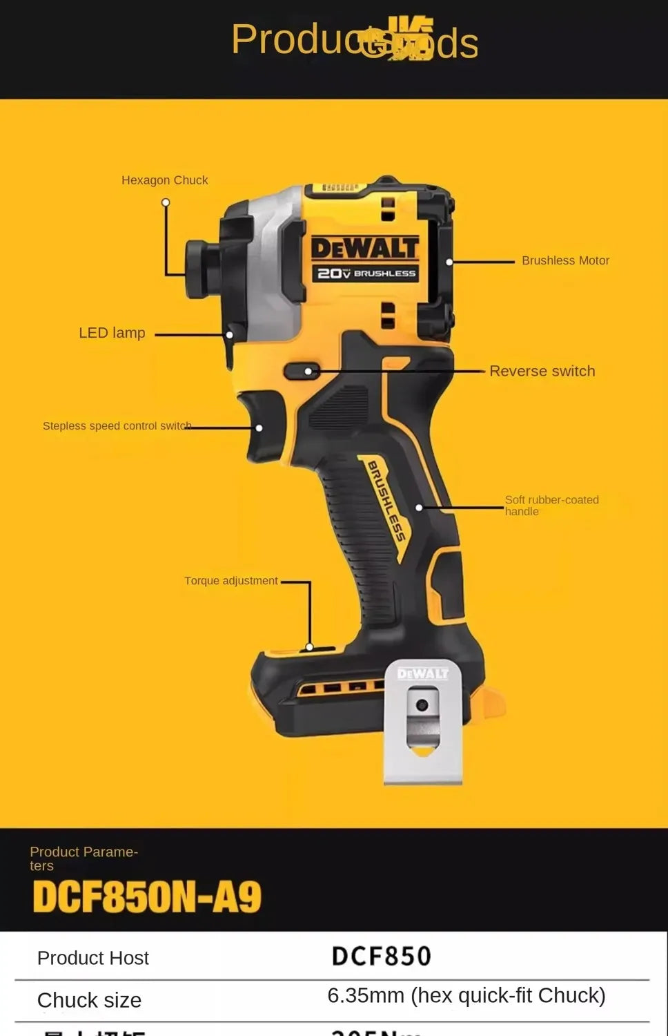 2025 DeWalt DCF850 20V Lithium-ion Battery Brushless Cordless Drill, High Torque Tool