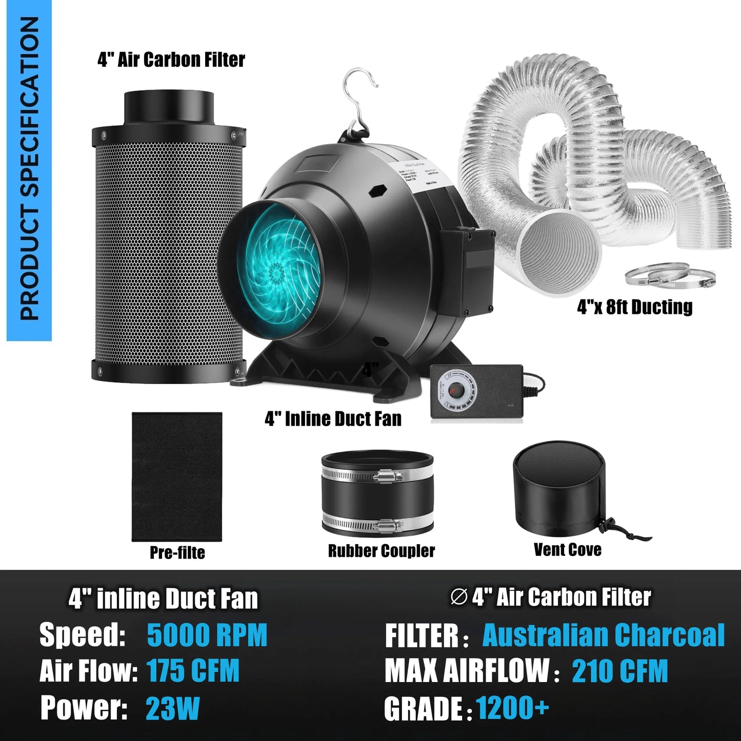 4" Air Filtration Kit & Full Spectrum 100W LED Grow Light: 4 Inch Inline Duct Fan with Carbon Filter, 8 Ft Ducting