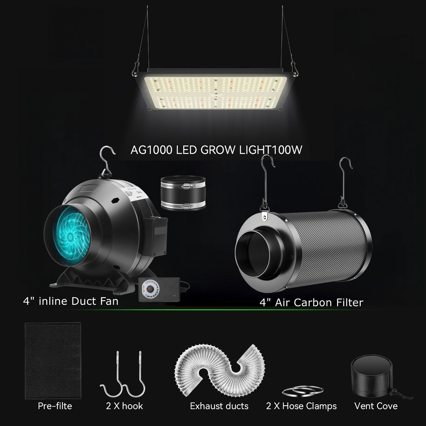 4" Air Filtration Kit & Full Spectrum 100W LED Grow Light: 4 Inch Inline Duct Fan with Carbon Filter, 8 Ft Ducting
