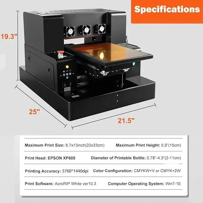 SIHAO UV Printer A3 A4 DTF UV Printer UV LED Inkjet Printer USB 5760 x 1440dpi with Rotation for Bottles/Paper/Phone Case/PVC