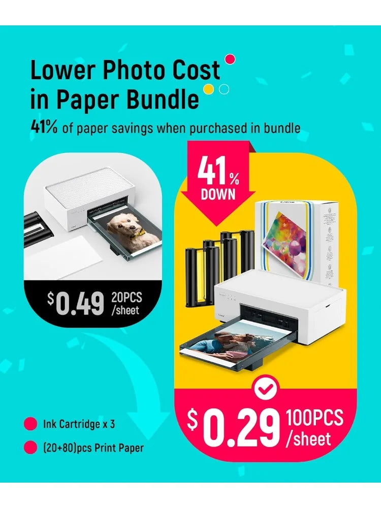 M100 4x6'' Photo Printer, Phone Printer 100 Sheets & 3 Cartridges, Full-Color Photo, Portable Instant Photo Printer for iP