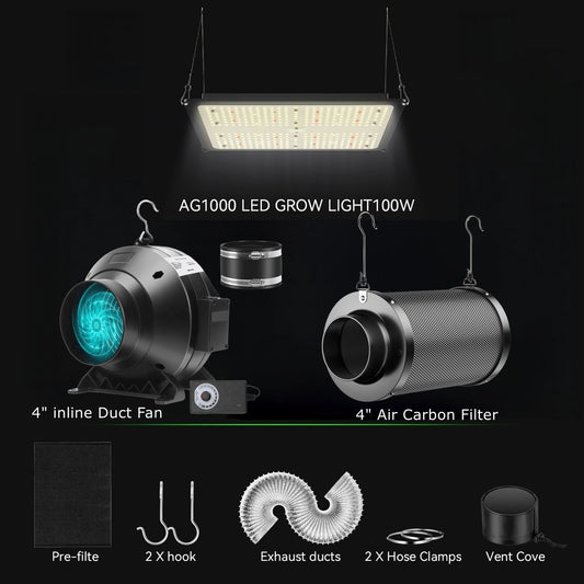 4" Air Filtration Kit & Full Spectrum 100W LED Grow Light: 4 Inch Inline Duct Fan with Carbon Filter, 8 Ft Ducting