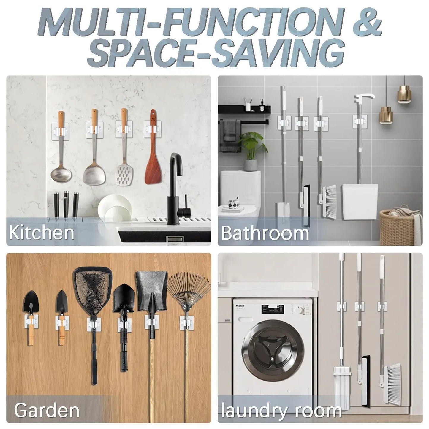 Mop Hanger 4 Pack,Broom Holder Self Adhesive Hanger Wall Mount for Hanging and Storaging Organizing Laundry Room Bathroom