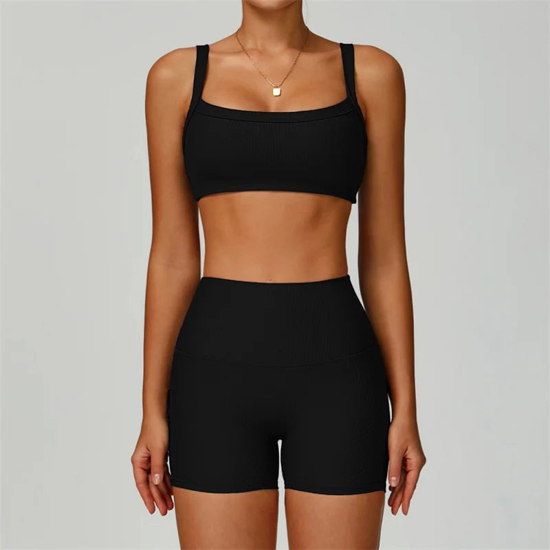 TRY TO BN Women's Tracksuit Shorts Sets Yoga Sports Bra Seamless Ribbed Fitness Workout Running Training Tight Gym Clothes Woman