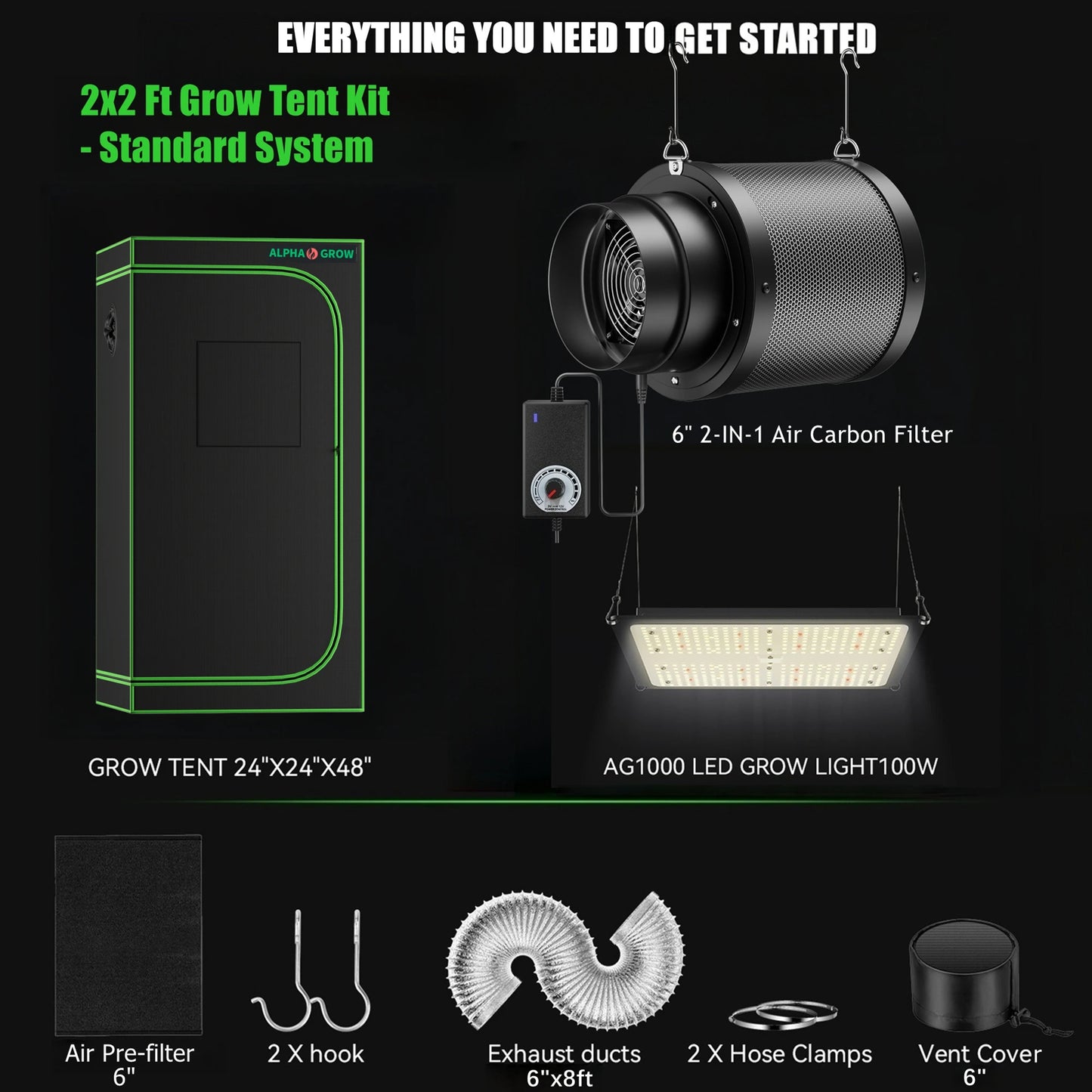 Grow Tent System 2x2, 24"x24"x48"Grow Tent Kit, with Automate Ventilation and Circulation, Full Spectrum 100W LED Grow Light.