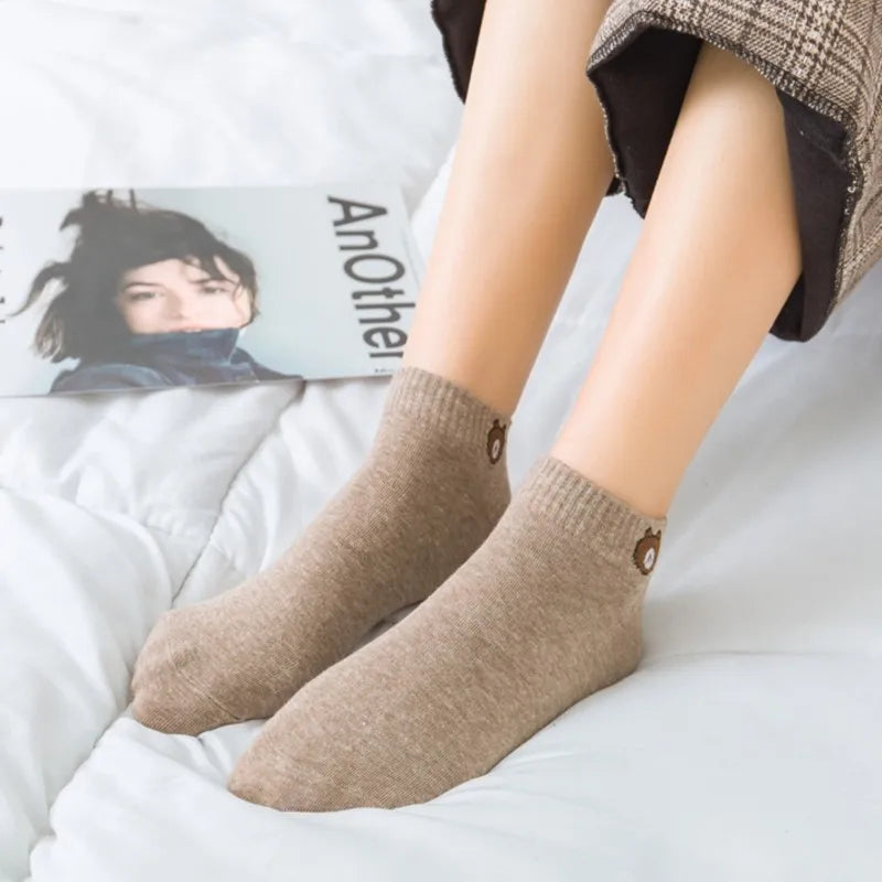 10 Pairs Women Low Tube Socks Set Cute Bear Pattern Fashion Breathable For Female Casual Style Comfortable Socks