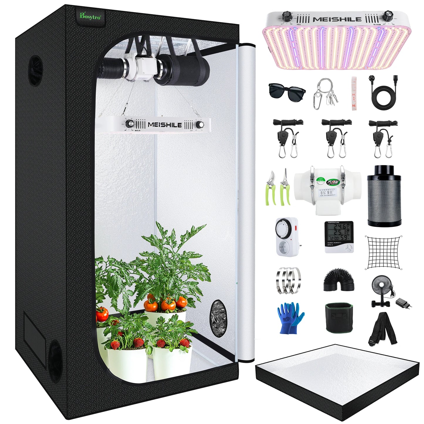 Grow Tent Complete Set Highly Reflective Mylar Canvas Centrifugal Fans Activated Carbon Air Filter with LED Grow Lamps