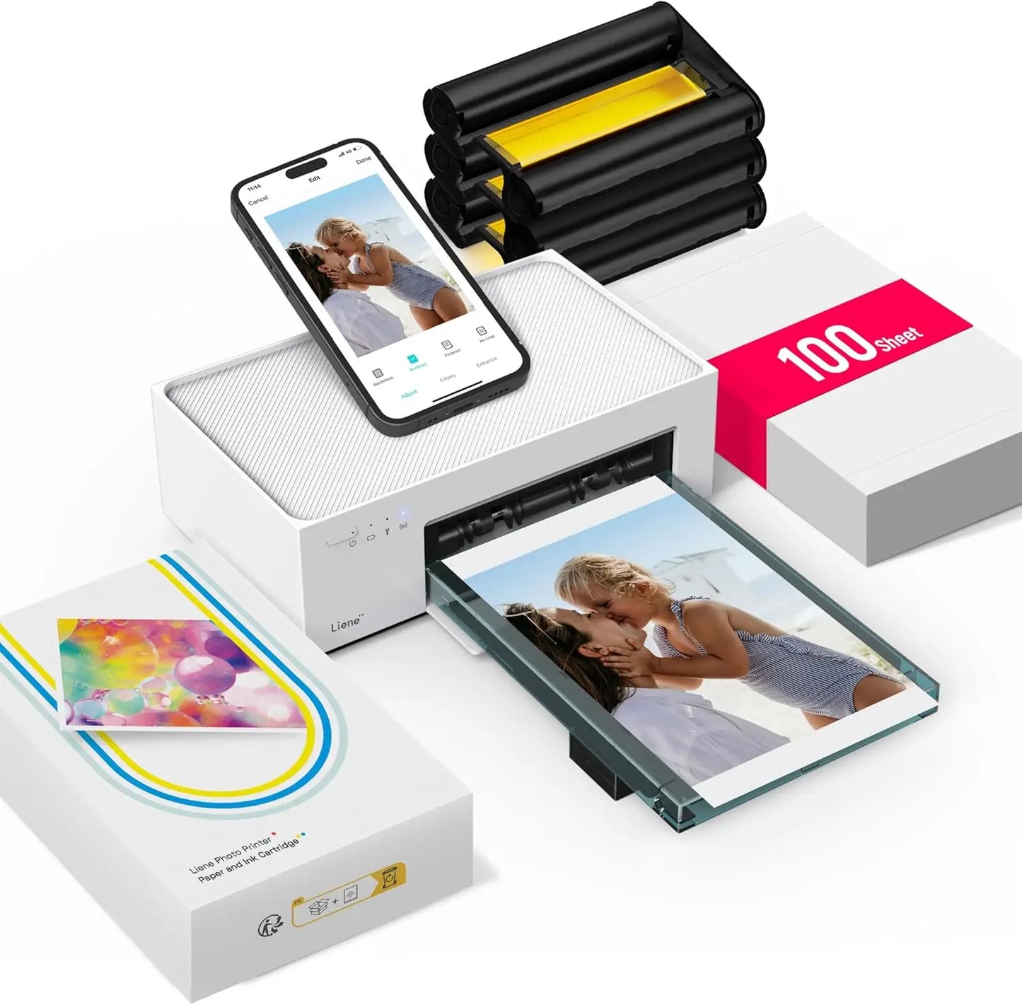 M100 4x6'' Photo Printer, Phone Printer 100 Sheets & 3 Cartridges, Full-Color Photo, Portable Instant Photo Printer for iP