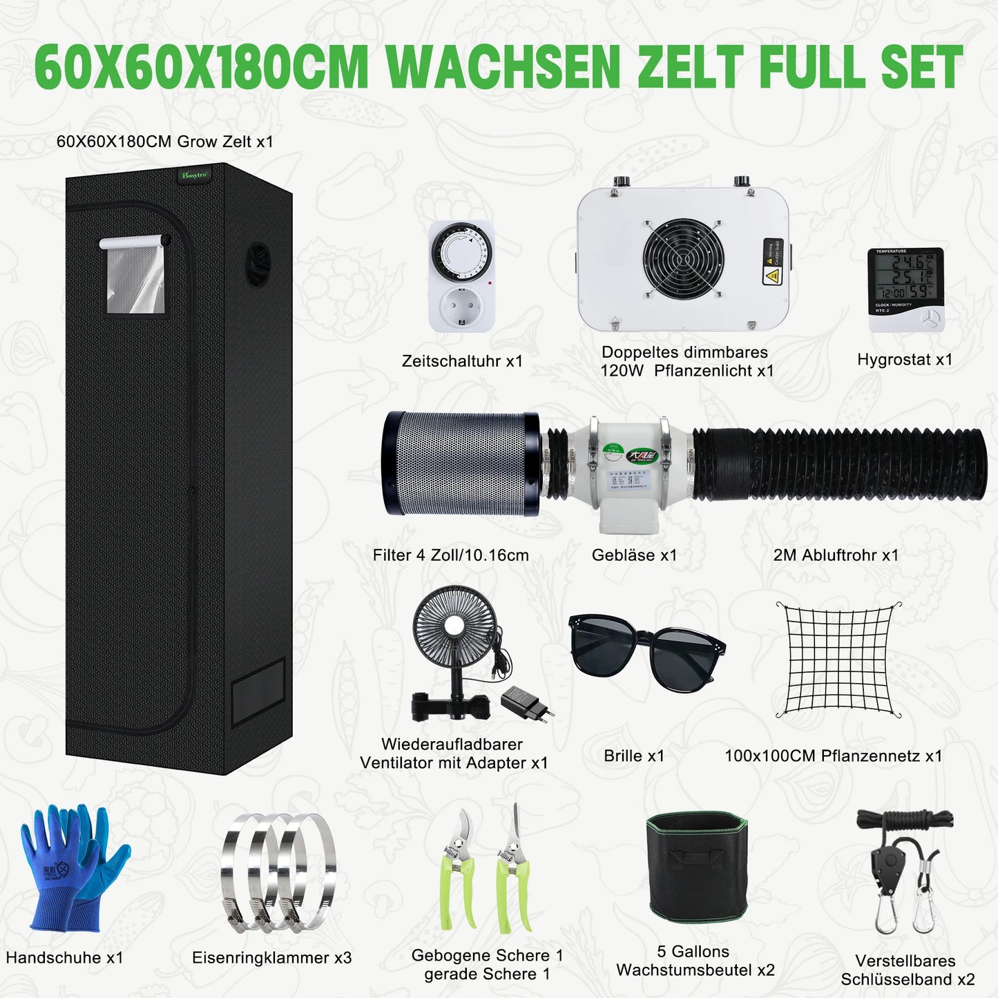 Grow Tent Complete Set Highly Reflective Mylar Canvas Centrifugal Fans Activated Carbon Air Filter with LED Grow Lamps