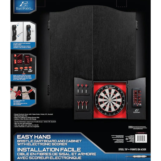 Tournament Bristle Dartboard and Easy Hang Cabinet with Electronic Scoreboard and 6 Steel Tip Darts