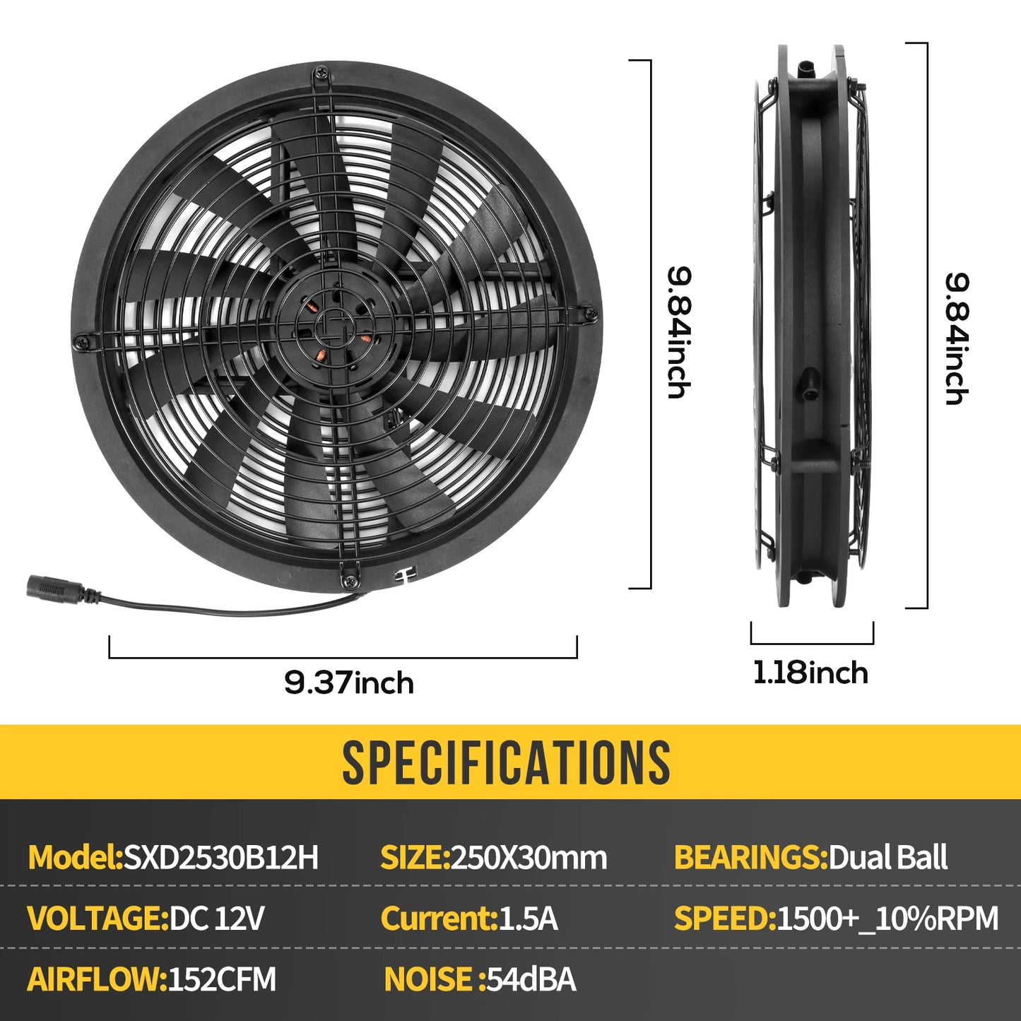 250mm 25cm DC Cooling Fan 12V 250X30mm with AC 110V 115V 220V 230V Power Cord Speed Controller Grow Tent Plant Adjustable