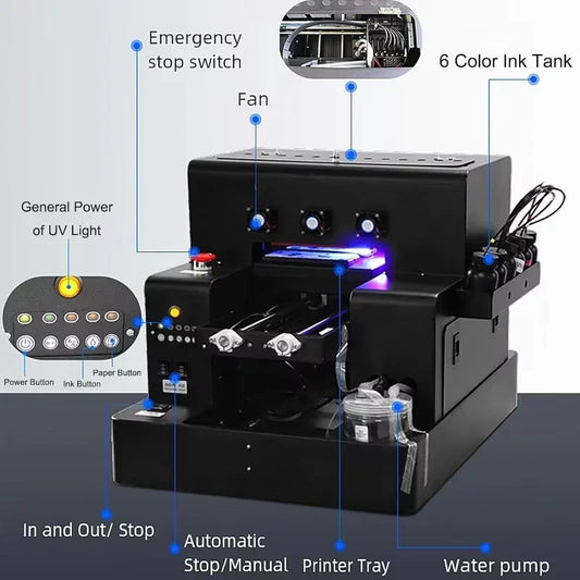 SIHAO UV Printer A3 A4 DTF UV Printer UV LED Inkjet Printer USB 5760 x 1440dpi with Rotation for Bottles/Paper/Phone Case/PVC