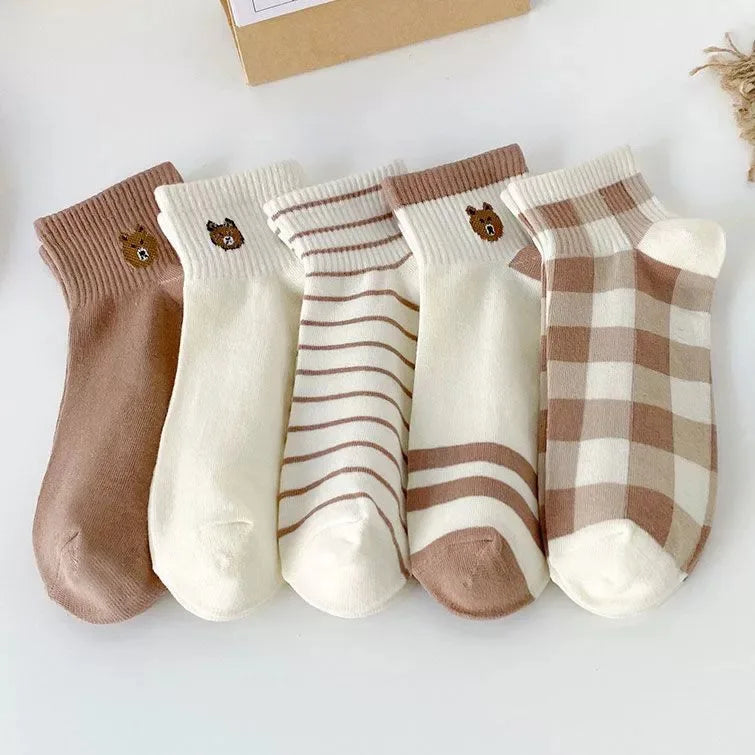 10 Pairs Women Low Tube Socks Set Cute Bear Pattern Fashion Breathable For Female Casual Style Comfortable Socks