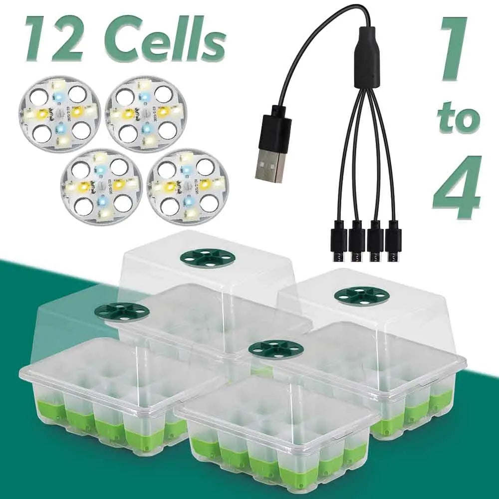 LED Grow Light Seedling Starter Tray Kit with Transparent Cover Indoor Garden Greenhouse Flower Plants Nursery Germination Box