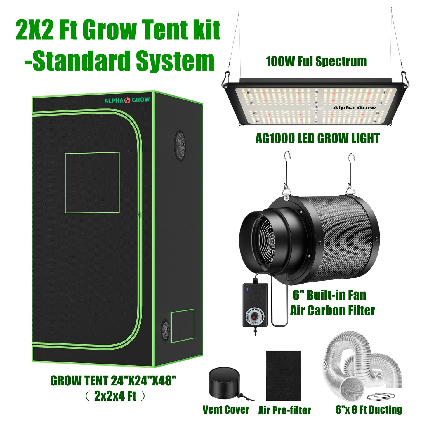 Grow Tent System 2x2, 24"x24"x48"Grow Tent Kit, with Automate Ventilation and Circulation, Full Spectrum 100W LED Grow Light.