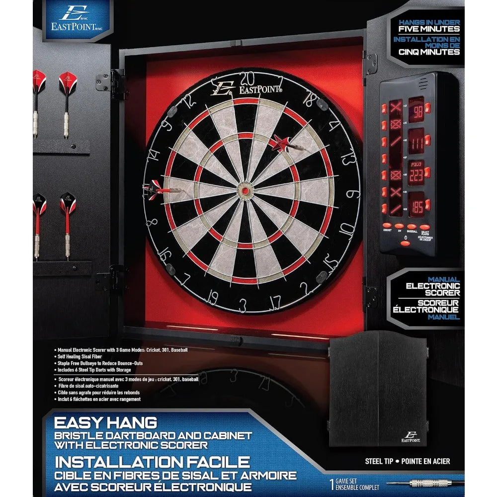 Tournament Bristle Dartboard and Easy Hang Cabinet with Electronic Scoreboard and 6 Steel Tip Darts