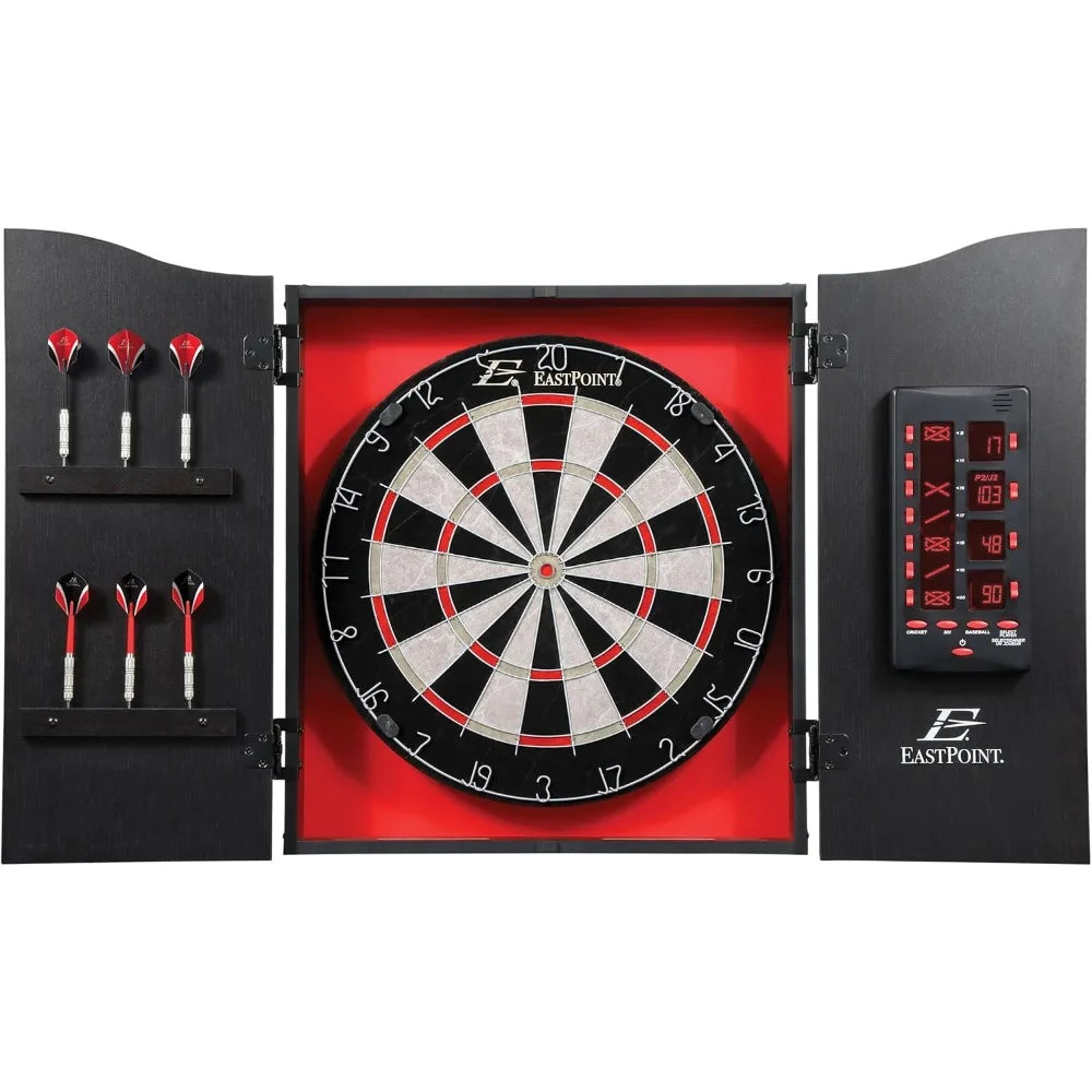 Tournament Bristle Dartboard and Easy Hang Cabinet with Electronic Scoreboard and 6 Steel Tip Darts